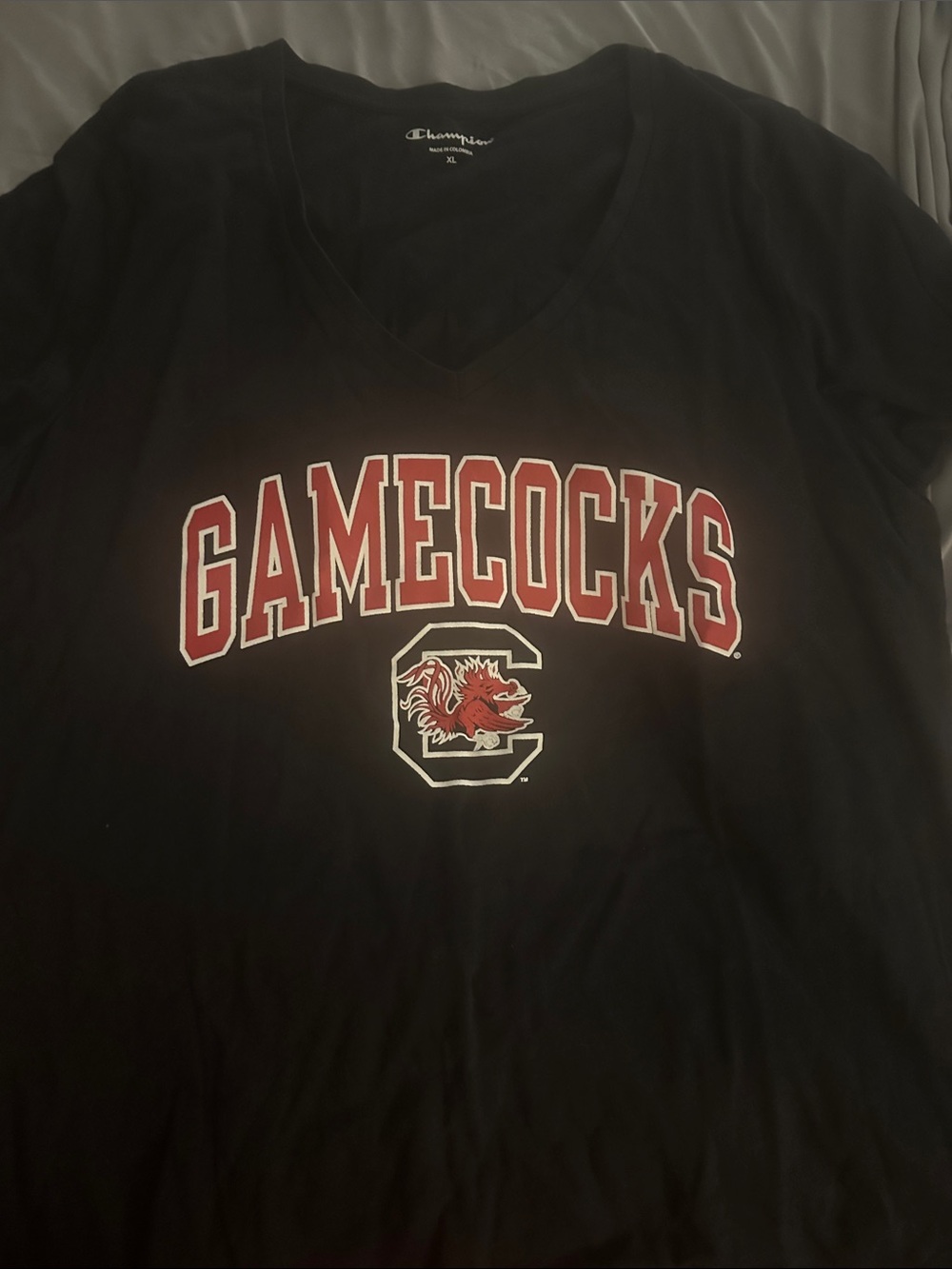 Champion Black V-neck Tee with Red and White Gamecocks Logo